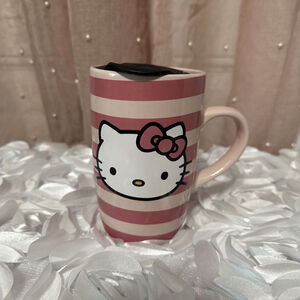 Pink Striped Hello Kitty, sanrio Mug with Lid ceramic